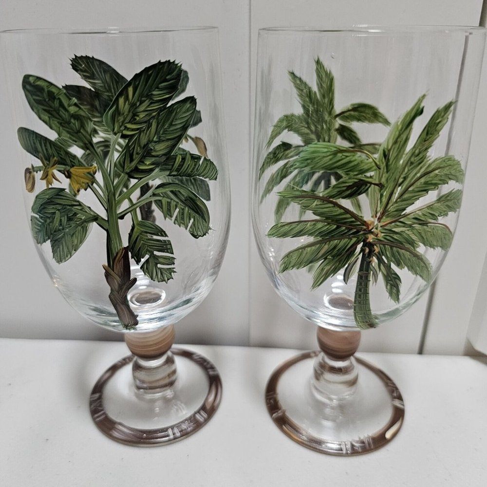 2 Florida Marketplace Palm Island Water Ice Tea Goblets 6.75" handpainted tree - Picture 6 of 9